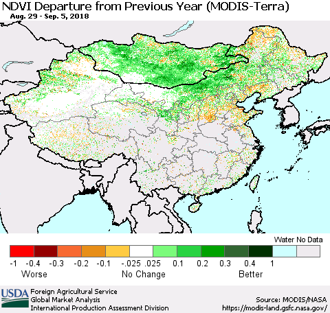 China, Mongolia and Taiwan NDVI Departure from Previous Year (Terra-MODIS) Thematic Map For 9/1/2018 - 9/10/2018