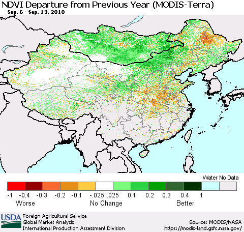 China, Mongolia and Taiwan NDVI Departure from Previous Year (Terra-MODIS) Thematic Map For 9/11/2018 - 9/20/2018