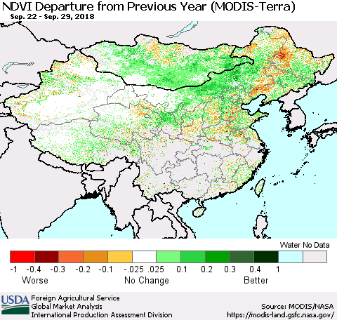 China, Mongolia and Taiwan NDVI Departure from Previous Year (Terra-MODIS) Thematic Map For 9/21/2018 - 9/30/2018