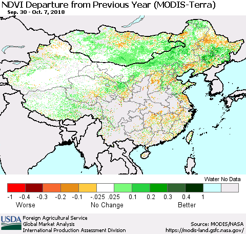 China, Mongolia and Taiwan NDVI Departure from Previous Year (Terra-MODIS) Thematic Map For 10/1/2018 - 10/10/2018