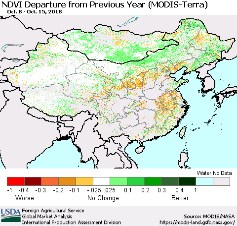 China, Mongolia and Taiwan NDVI Departure from Previous Year (Terra-MODIS) Thematic Map For 10/11/2018 - 10/20/2018
