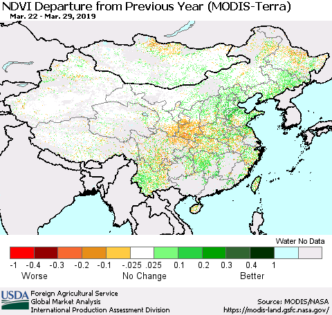 China and Taiwan NDVI Departure from Previous Year (Terra-MODIS) Thematic Map For 3/21/2019 - 3/31/2019