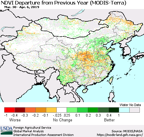 China and Taiwan NDVI Departure from Previous Year (Terra-MODIS) Thematic Map For 4/1/2019 - 4/10/2019
