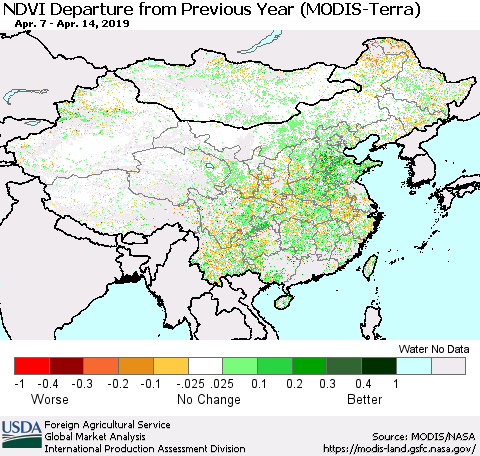 China and Taiwan NDVI Departure from Previous Year (Terra-MODIS) Thematic Map For 4/11/2019 - 4/20/2019