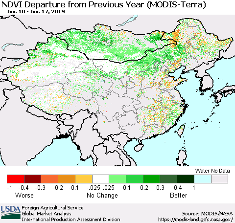 China and Taiwan NDVI Departure from Previous Year (Terra-MODIS) Thematic Map For 6/11/2019 - 6/20/2019