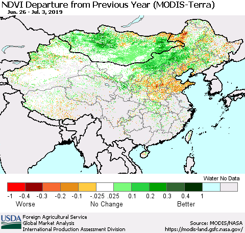 China and Taiwan NDVI Departure from Previous Year (Terra-MODIS) Thematic Map For 7/1/2019 - 7/10/2019