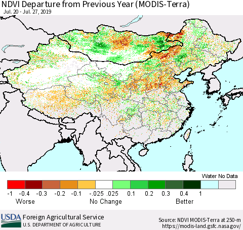 China and Taiwan NDVI Departure from Previous Year (Terra-MODIS) Thematic Map For 7/21/2019 - 7/31/2019