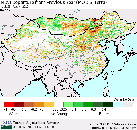 China and Taiwan NDVI Departure from Previous Year (Terra-MODIS) Thematic Map For 8/1/2019 - 8/10/2019
