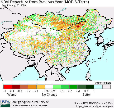 China and Taiwan NDVI Departure from Previous Year (Terra-MODIS) Thematic Map For 8/11/2019 - 8/20/2019
