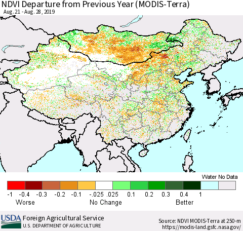 China and Taiwan NDVI Departure from Previous Year (Terra-MODIS) Thematic Map For 8/21/2019 - 8/31/2019