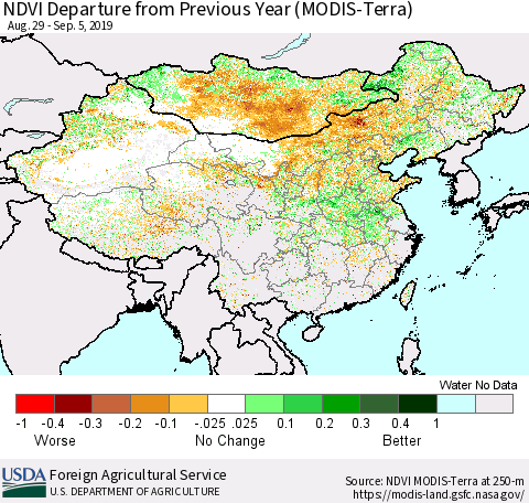 China and Taiwan NDVI Departure from Previous Year (Terra-MODIS) Thematic Map For 9/1/2019 - 9/10/2019