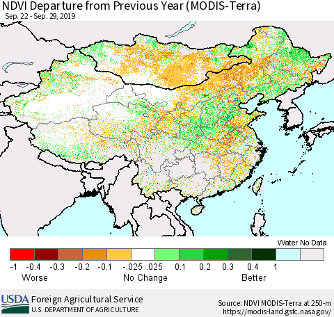 China and Taiwan NDVI Departure from Previous Year (Terra-MODIS) Thematic Map For 9/21/2019 - 9/30/2019