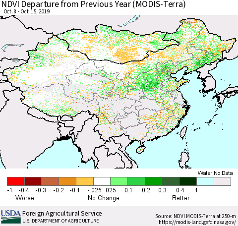 China and Taiwan NDVI Departure from Previous Year (Terra-MODIS) Thematic Map For 10/11/2019 - 10/20/2019