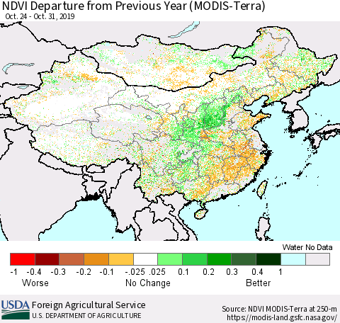 China and Taiwan NDVI Departure from Previous Year (Terra-MODIS) Thematic Map For 10/21/2019 - 10/31/2019