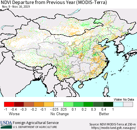 China and Taiwan NDVI Departure from Previous Year (Terra-MODIS) Thematic Map For 11/11/2019 - 11/20/2019