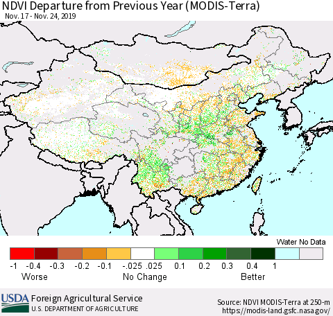 China and Taiwan NDVI Departure from Previous Year (Terra-MODIS) Thematic Map For 11/21/2019 - 11/30/2019