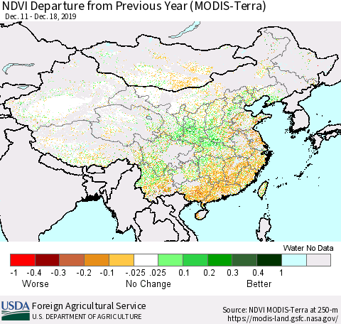China and Taiwan NDVI Departure from Previous Year (Terra-MODIS) Thematic Map For 12/11/2019 - 12/20/2019
