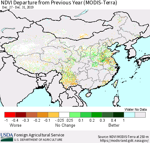 China and Taiwan NDVI Departure from Previous Year (Terra-MODIS) Thematic Map For 12/21/2019 - 12/31/2019