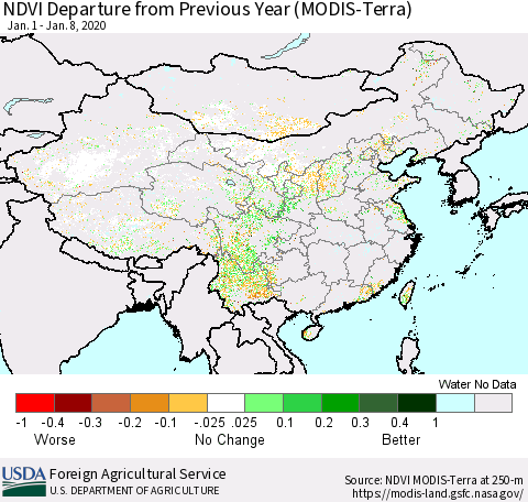China and Taiwan NDVI Departure from Previous Year (Terra-MODIS) Thematic Map For 1/1/2020 - 1/10/2020