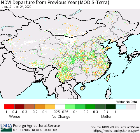 China and Taiwan NDVI Departure from Previous Year (Terra-MODIS) Thematic Map For 1/21/2020 - 1/31/2020