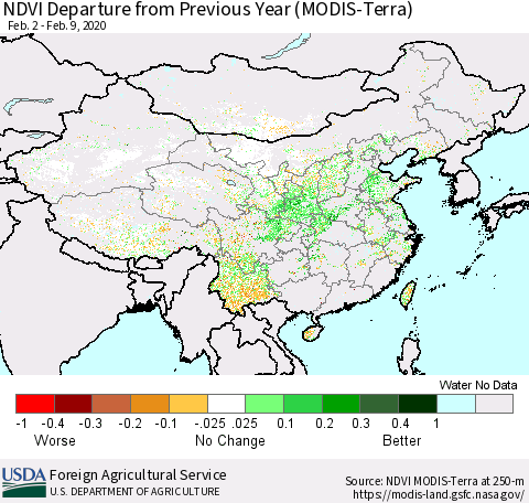 China and Taiwan NDVI Departure from Previous Year (Terra-MODIS) Thematic Map For 2/1/2020 - 2/10/2020