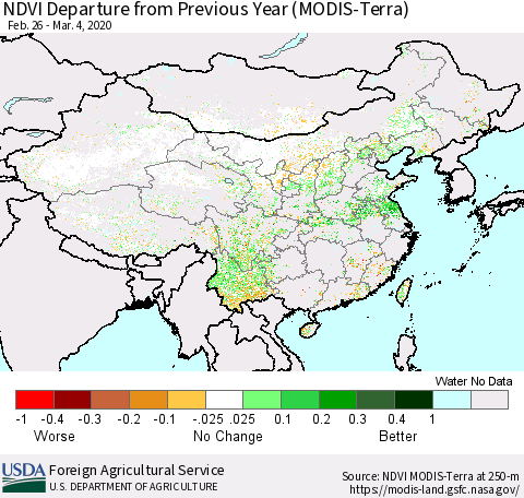 China and Taiwan NDVI Departure from Previous Year (Terra-MODIS) Thematic Map For 3/1/2020 - 3/10/2020