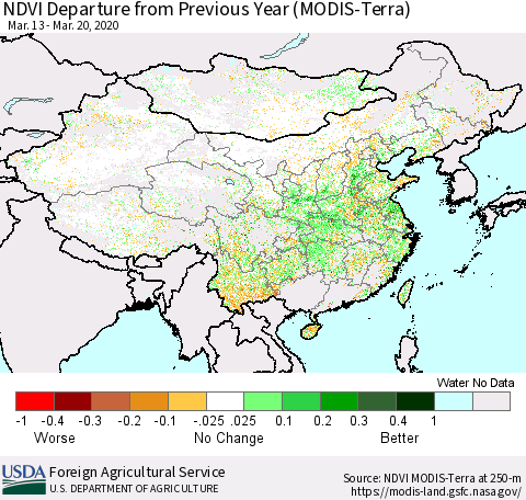 China and Taiwan NDVI Departure from Previous Year (Terra-MODIS) Thematic Map For 3/11/2020 - 3/20/2020