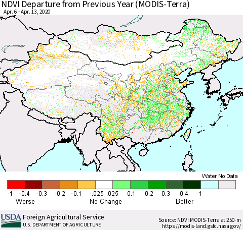 China and Taiwan NDVI Departure from Previous Year (Terra-MODIS) Thematic Map For 4/11/2020 - 4/20/2020