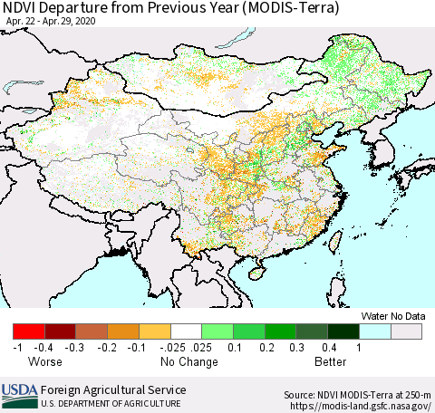 China and Taiwan NDVI Departure from Previous Year (Terra-MODIS) Thematic Map For 4/21/2020 - 4/30/2020