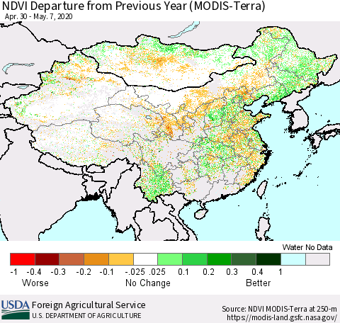 China and Taiwan NDVI Departure from Previous Year (Terra-MODIS) Thematic Map For 5/1/2020 - 5/10/2020
