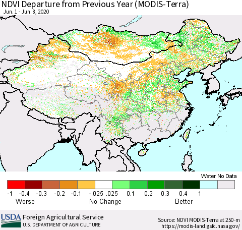 China and Taiwan NDVI Departure from Previous Year (Terra-MODIS) Thematic Map For 6/1/2020 - 6/10/2020