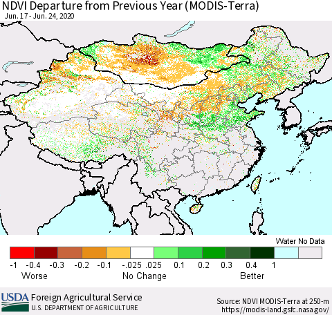 China and Taiwan NDVI Departure from Previous Year (Terra-MODIS) Thematic Map For 6/21/2020 - 6/30/2020