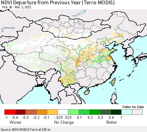 China, Mongolia and Taiwan NDVI Departure from Previous Year (Terra-MODIS) Thematic Map For 2/26/2021 - 3/5/2021