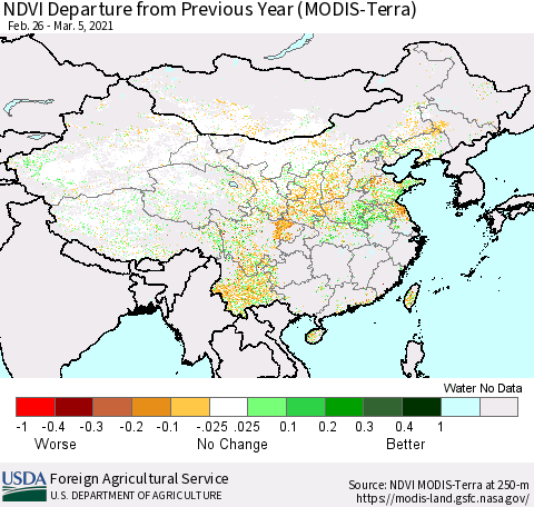 China and Taiwan NDVI Departure from Previous Year (Terra-MODIS) Thematic Map For 3/1/2021 - 3/10/2021