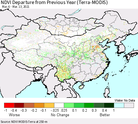 China, Mongolia and Taiwan NDVI Departure from Previous Year (Terra-MODIS) Thematic Map For 3/6/2021 - 3/13/2021