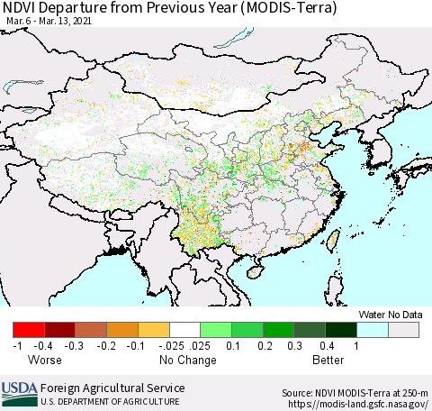 China and Taiwan NDVI Departure from Previous Year (Terra-MODIS) Thematic Map For 3/11/2021 - 3/20/2021