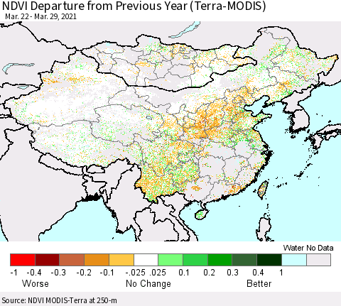 China, Mongolia and Taiwan NDVI Departure from Previous Year (Terra-MODIS) Thematic Map For 3/22/2021 - 3/29/2021