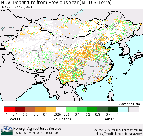 China and Taiwan NDVI Departure from Previous Year (Terra-MODIS) Thematic Map For 3/21/2021 - 3/31/2021