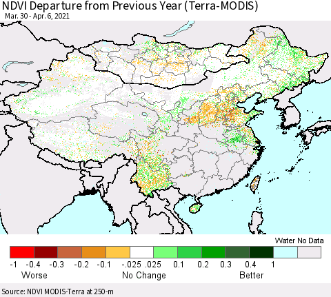 China, Mongolia and Taiwan NDVI Departure from Previous Year (Terra-MODIS) Thematic Map For 3/30/2021 - 4/6/2021