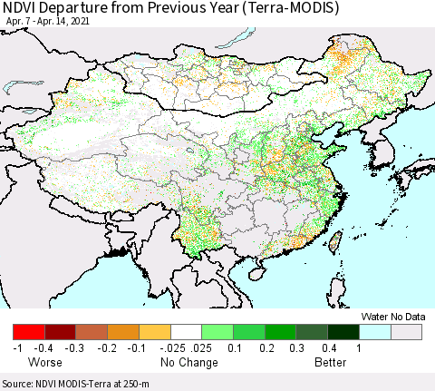 China, Mongolia and Taiwan NDVI Departure from Previous Year (Terra-MODIS) Thematic Map For 4/7/2021 - 4/14/2021