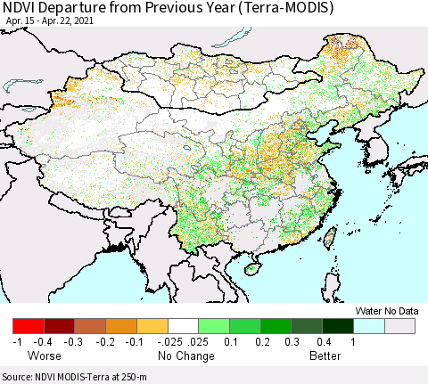 China, Mongolia and Taiwan NDVI Departure from Previous Year (Terra-MODIS) Thematic Map For 4/15/2021 - 4/22/2021