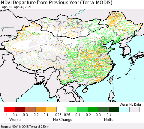 China, Mongolia and Taiwan NDVI Departure from Previous Year (Terra-MODIS) Thematic Map For 4/23/2021 - 4/30/2021