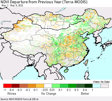 China, Mongolia and Taiwan NDVI Departure from Previous Year (Terra-MODIS) Thematic Map For 5/1/2021 - 5/8/2021
