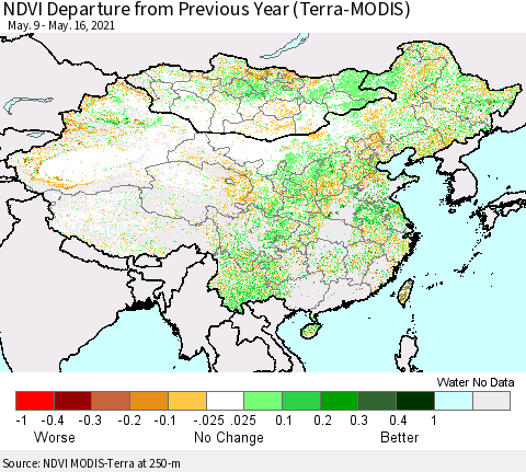 China, Mongolia and Taiwan NDVI Departure from Previous Year (Terra-MODIS) Thematic Map For 5/9/2021 - 5/16/2021