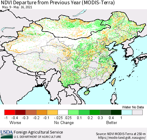 China and Taiwan NDVI Departure from Previous Year (Terra-MODIS) Thematic Map For 5/11/2021 - 5/20/2021