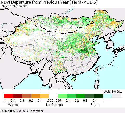 China, Mongolia and Taiwan NDVI Departure from Previous Year (Terra-MODIS) Thematic Map For 5/17/2021 - 5/24/2021