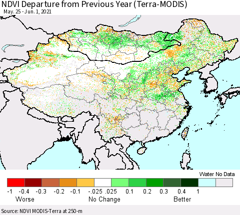 China, Mongolia and Taiwan NDVI Departure from Previous Year (Terra-MODIS) Thematic Map For 5/25/2021 - 6/1/2021