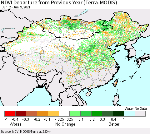 China, Mongolia and Taiwan NDVI Departure from Previous Year (Terra-MODIS) Thematic Map For 6/2/2021 - 6/9/2021