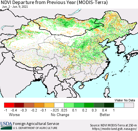 China and Taiwan NDVI Departure from Previous Year (Terra-MODIS) Thematic Map For 6/1/2021 - 6/10/2021