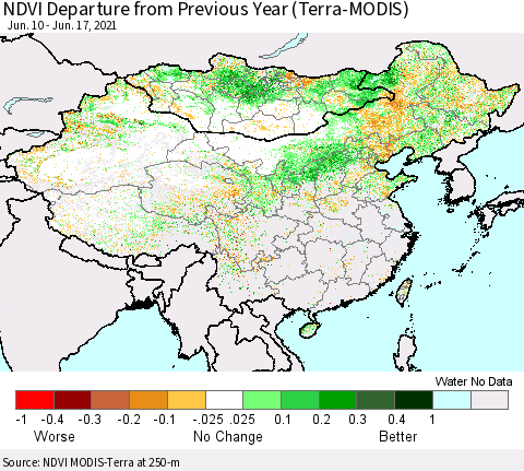 China, Mongolia and Taiwan NDVI Departure from Previous Year (Terra-MODIS) Thematic Map For 6/10/2021 - 6/17/2021